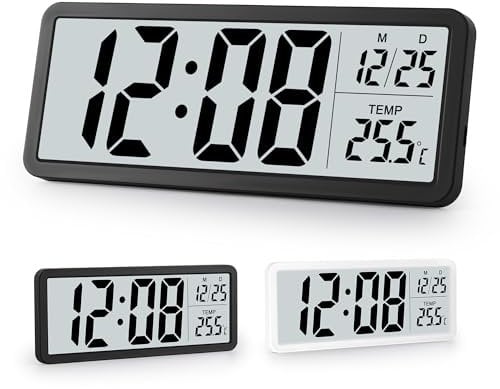 Sukeen Digital Wall Clock Battery Operated,Wall Clock Digital Clock with Big Digits,Temperature,12/24 Hr,Desk Clock for living Room Bedroom Office School Garage Warehouse-Black