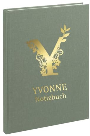 AWASG Notizbuch A5 – Personalisiert mit Name – Notizheft 200 Seiten dotted – Leinencover Grammatur 100g/m² - Floraler Buchstabe Monogramm (olive)