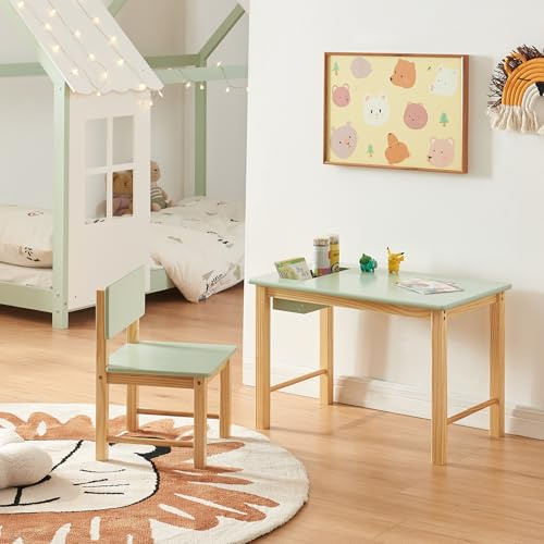 [en.casa] Juego de Mesa y Silla Infantil Skjåk Conjunto de Muebles para Niños de 2 Piezas Mesa con Compartimento Integrado Sala de Juego Dormitortio MDF Pino 45 x 68 x 42 cm - Natural/Verde Menta