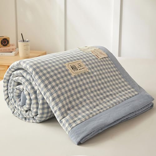 DOTBUY-SHOP Cotton Quilted Bedspreads, Check Quilt Bed Throws Cotton Filling Duvet Super King Single Double Size Children's Bed Quilted Throw for All Season (Light Blue,150x200cm)