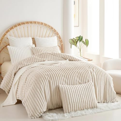 Plüsch Bettwäsche 220x240 Beige Gestreift Winter Warm Shaggy Cashmere Touch | Winterbettwäsche Set, Kuschel Fleece Flanell Kunstfell, Flauschige Biber Bettbezug und 2 Kissenbezug 80x80 mit Reißverschluss