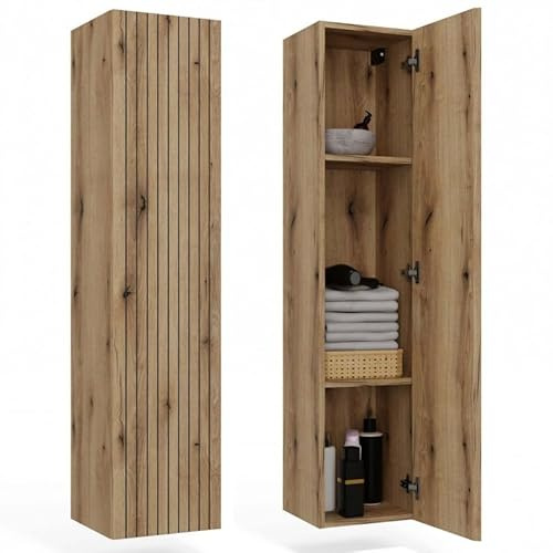 CDF Badschrank Hochschrank Hängend Vertikal mit Ablagen – Hoher Wandschrank | für Badezimmer zur Aufbewahrung von Handtüchern Kosmetik Badzubehör – Modernes Design Tigo 1D Eiche Evoke
