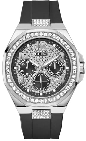 Guess Empire Herren Armbanduhr, Quarz Analog, Edelstahl, 46mm, Silikonarmband, Silber, 5 bar, Zifferblattfarbe: Schwarz, Datumsanzeige, GW1002G1