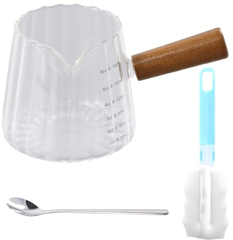 Jarra Medidora Cristal con Mango de Madera 180 Ml/6 Oz Vaso Medidor de Café de Cristal con Pico en V Tazas de Cafe Espresso Pequeña para Café Leche Jugo Vino Té Crema
