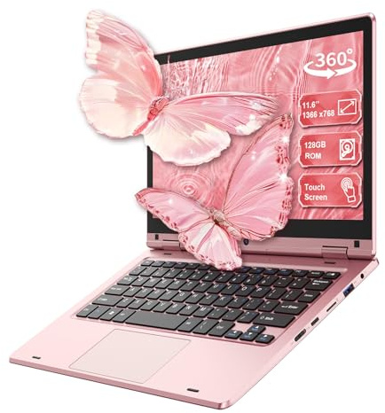 PINSTONE 11,6'' Laptop Touch pieghevole a 360°, Laptop Rosa Celeron N4020 6GB RAM 128GB SSD, WiFi (2,4G/5G), Bluetooth, 1366 x 768 IPS, Webcam, PC portatile su misura per professionisti