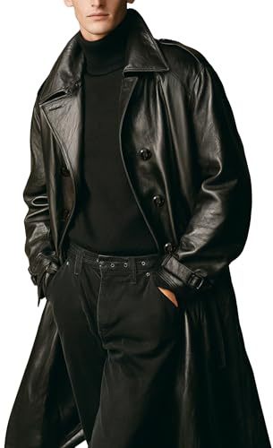 WPKDS Men's Casual Long Leather Trench Coat, Slim Fit Double Breasted Notched Lapel Belt Black Full Length Jacket Overcoat (Black, X-Large)