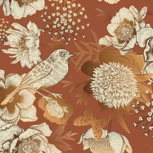 ReWallpaper Selbstklebend Tapete Terracotta Muster Blumen und Vögel Gold Folie für Möbel Bücherregal Blumentapete Vintage 44.5CMx3M Orange Wandtapete Selbstklebend Schlafzimmer Esszimmer