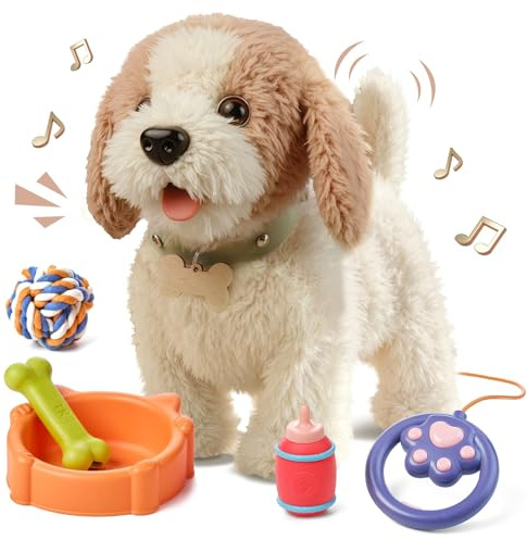Wuffy Robot Dog, Robot Dogs Realistic, Interactive Walking Plush Toy Dog, Leash Remote Plush Toy Puppy with Touch Barking, Wags-Tail, Tongue Licking, Sing, Battery Powered (Batteries Not Included