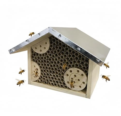 Relaxdays Bienenhotel, Holz, wetterfestes Metalldach, Natur/Silber | Pappröhrchen, Garten, Insektenhotel zum Aufhängen
