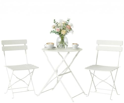 Outsunny Conjunto de Mesa y Sillas de Terraza Exterior Plegable 3 Piezas | Muebles de Jardín Exterior, 2 Sillas Plegables, Mesa Redonda, Estructura Metálica Electrofórica, Patio, Balcón, Crema