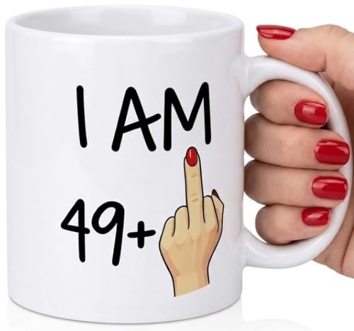 Azrra Funny 50th Birthday Gifts for Women, 11 oz Ceramic Coffee Mug | Turning 50 Years Old Birthday Celebration Cup, Whimsical Lifted Finger Joke Present for Wife Mom Sister Aunt BFF Coworkers