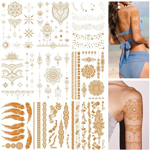 9 Hojas Tatuajes Temporales Dorados Metálicos, Tattoos Temporales Impermeables Estilo Bohemio para Adultos y Niños, Calcomanías de Cuerpo para Festivales, Fiestas, Playa y Despedida de Soltera