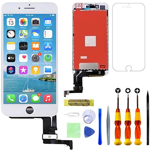 GULEEK Ecran pour iPhone 7 Blanc LCD Tactile Écran Remplacement Vitre Rechange Afficheur Retina Complet Joint Assemblé Réparation Outils Kit,Protege Glace avec Modèle A1660 A1778 A1779