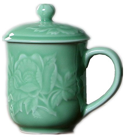Celadon - Tazas de café con tapa de porcelana con relieve de peonía