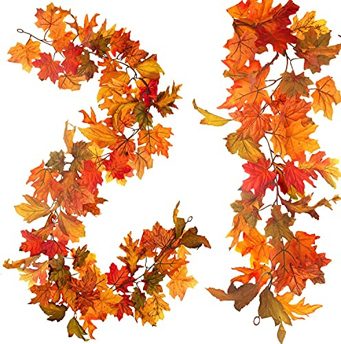 Whaline Artificial Autumn Fall Maple Leaves Garland Hanging Plant for Home Garden Wall Doorway Backdrop Fireplace Decoration Wedding Party Thanksgiving Day Decor (Light)