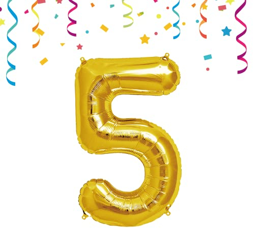 FUNXGO® Folienballon Zahl 5 Gold - Riesenzahl Ballon ca.100 cm - fliegt mit Helium - 5 geburtstag luftballon - Deko zum Geburtstage, Party, Hochzeiten - Ballon 5 Gold
