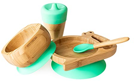 eco rascals Juego de regalo de bambú, juego completo de plato de caracol, cuenco con ventosa, cuchara y taza a juego con comedero para sorber a partir de 6 meses, juego ecológico para bebés y niños