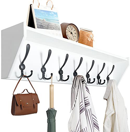 WEBI Coat Rack Wall Mount with Shelf,89cm Long White Shelf with Hooks Underneath,7 Triple Hooks,Key Rack for Wall,Entryway Shelves for Wall