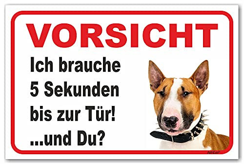 AdriLeo Schild - Vorsicht Bullterrier - 5 Sekunden - (30x40cm) / Hellbraun/weiß - Achtung Hund Wachhund robust langlebig UV-beständig wetterfestes Warnschild