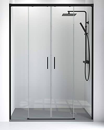 Mampara de Ducha Frontal Corredera | 2 Fijos + 2 puertas Corredera Apertura Central TRANSPARENTE | Cristal Templado 6mm Antical y 195cm de Altura | Perfilería Negro Mate 180cm (Adaptable 177-182cm)