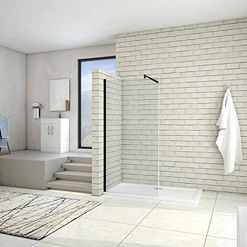 AICA Paroi de douche 120x200cm en noire mat paroi à l'italienne en 8mm verre anticalcaire avec une barre de stabilisation extensible en noire mat
