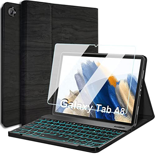 Wineecy Beleuchtete Tastatur Hülle für Samsung Galaxy Tab A8 10.5'' 2021 SM-X200 SM-X205, Slim PU Leder Schutzhülle mit Magnetisch Abnehmbarer Deutscher QWERTZ Layout Bluetooth Tastatur (Schwarz)