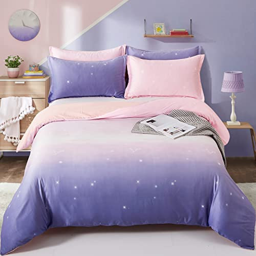 Pink and Purple Gradient Bedding Set Galaxy Duvet Cover Pillowcases with Zipper Closure for Kids Girls Teens Adults (Double Size 200x200cm)