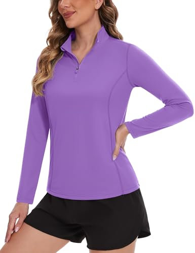 TACVASEN Women's Sport T-Shirts 1/4 Zip Long Sleeve Shirts Summer Quick Dry Tops Outdoor Hiking Shirts for Women UK (XS, Light Purple)
