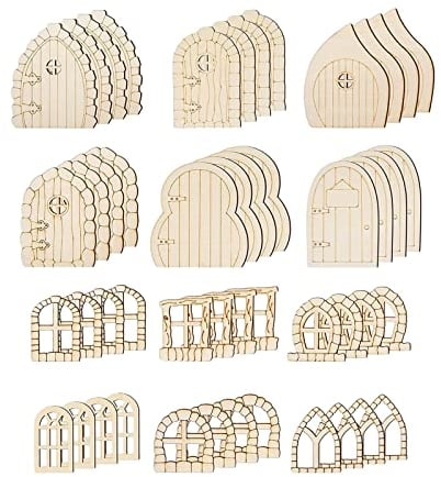 LOVIVER 48 Mini-Feentüren und Fenster zum Selbermachen, unbemalte Holzteile, Verzierungen, Feenschild, Feenhaus-Kit für Geburtstag, DIY Handgefertigt Holztür, Retro-Stil