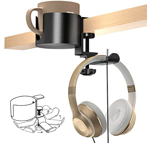 Teahutty 2-in-1 Anti-Spill Cup Holder with Under Desk Headphone Hanger Desk Mount 360° Rotation Headphone Holder Table Cup Holder Gaming Desk Accessories, Black