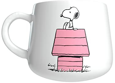 Snoopy - Taza para Desayuno de Cerámica, Incluye Figura Woodstock 3D, Capacidad 355 ml, Colección Caseta Rosa, Producto Oficial (CyP Brands)