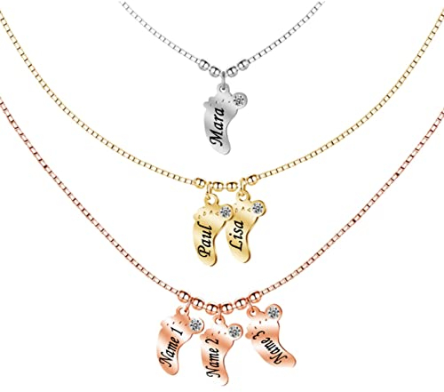 Gravur Babyfüße Edelstahl Namenskette für Mutter Name Datum Halskette mit Kindernamen Personalisierte Damenkette Anhänger Buchstabenkette Babykette Mütter Halskette Geschenk für Mom Mama Oma (2 Füße)