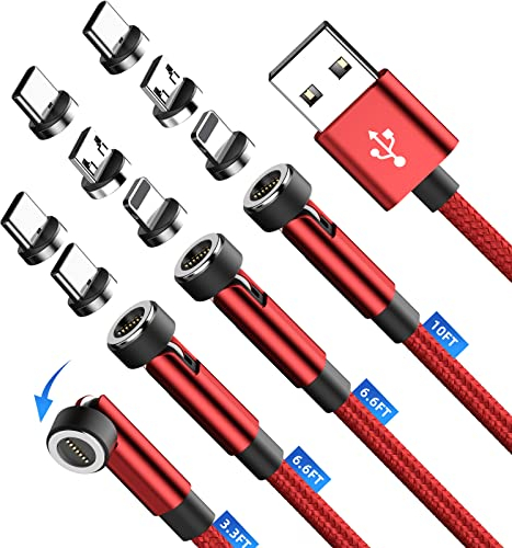Cavo USB C [4 confezioni da 1 m + 2 m + 2 m + 3 m] rosso 3 in 1 cavo di ricarica magnetico rotazione 540 gradi 3 A ricarica rapida e trasferimento dati per telefoni micro USB/tipo C e tablet Samsung