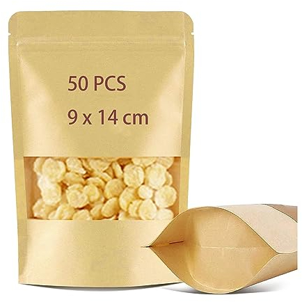 50 Stück Standbodenbeutel,papiertüten mit fenster,Kraftpapier Tüten mit klarem Fenster,Standbeutel aus Kraftpapier,Anwendbar für Nüsse, Kaffeebohnen, Teeblätter,Snacks usw(9x14cm)