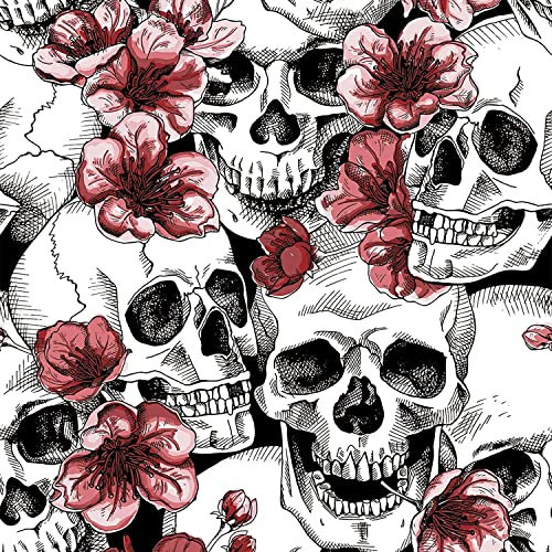XYZshop Peel and Stick Wallpaper - Black/White/Pink Sugar Skull Floral - Waterproof Thick Contact Paper for Bedroom Decor - 17.3 x 118