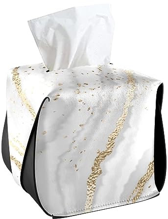 CaTaKu Taschentuchbox Abdeckung Quadratisch Gold Marmor Weiß Tissue Box Halter für Badezimmer, PU Leder Gesichts Kleenex Tissue Box Cube für Auto Büro