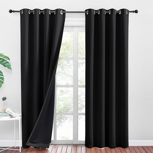 PONY DANCE Verdunkelungsvorhang Schwarz Extra Lange Gardinen und Vorhänge Schlafzimmer Ösenvorhang 2er Set H 260 x B 140 cm Doppellagige Gardinen 100% Blickdicht Thermogardine Wärmeisolierend