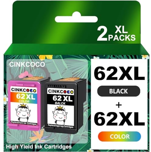 CINKCOCO 62XL Druckerpatronen 62 XL Multipack Tintenpatronen Kompatibel für HP 62 Druckerpatronen Schwarz und Farbe Patronen für Envy 5540 5544 5545 5548 5640 5646 7640 OfficeJet 200 5740 5742 5744