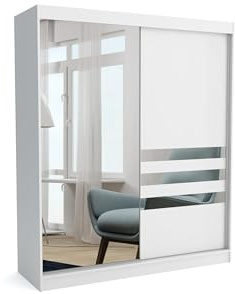Brent - Kleiderschrank mit Spiegel Henry, 160cm Breit, Schlafzimmerschrank mit 1 Kleiderstange und Einlegeböden für Kleidung, Kleiderschrank Weiß