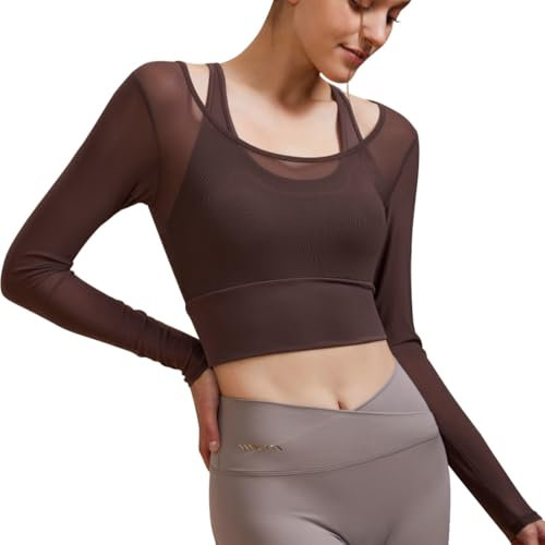 Harssidanzar Damen 2 in 1 Yoga Langarm Mesh Gym Athletic Tops Workout Fitness Shirts mit Medium Support Sport-BH CL301EU,Braun, Größe M
