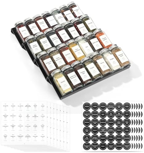 Black Spice Drawer Organiser with 28 Spice Jars, 348 Labels, Sift and Pour Shake Lids with Airtight Aluminium Caps, 4 Tier Expandable Clear Acrylic Drawer/Countertop Tray Rack from 33cm to 66cm
