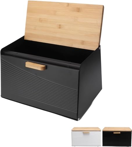 Wusdayer Panera grande, panera para encimera de cocina, caja de pan de hierro trapezoidal organizador de pan con tapa abatible para cocina y restaurante (negro)