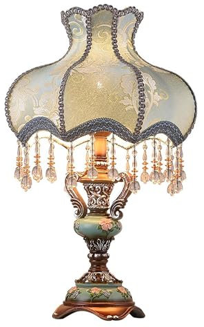 Lámpara victoriana antigua con flecos y encaje, azul, lámpara de mesa de tela vintage con pantalla, mesita de noche pastoral europea, lámpara de mesa con forma de jarrón para dormitorio, sala de est