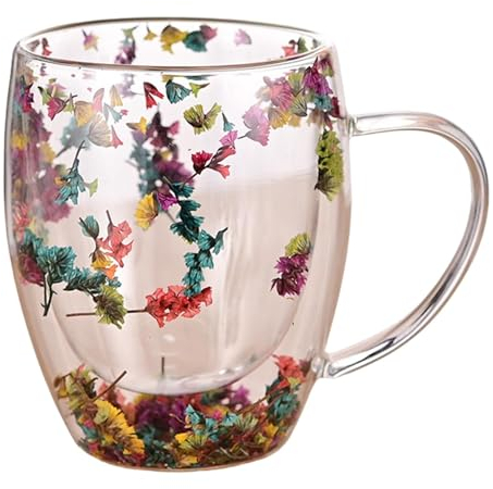 Supatmul Tasse en Verre avec Fleur sèche, Fleurs séchées Tasses à Double Paroi, 350ml Tasses À Café À Double Paroi, tasse en verre isotherme résistant à la chaleur avec fleurs séchées,