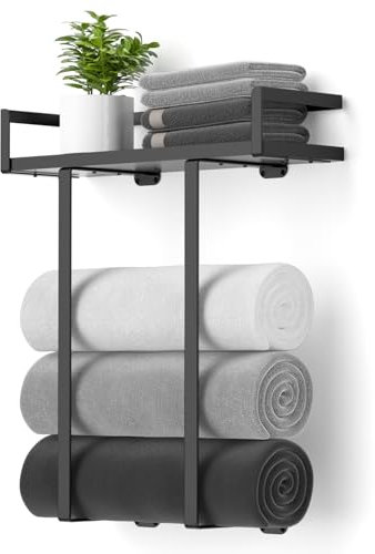 Porte-Serviettes Mural Xstydes en métal avec étagère en Bois pour Grandes Serviettes, Rangement de Serviettes pour Petite Salle de Bain, décoration ou Camping