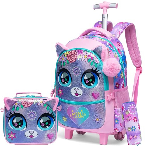 HTgroce Schulrucksack Trolley Mädchen 7 Jahre Schulranzen Mit Rollen Rucksack Mit Brotzeittasche und Federmäppchen