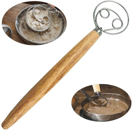 Batidor de masa danés grande, batidor holandés de 11 pulgadas, batidor de masa danés con mango de madera, para masa, pan, pasteles, pizza y galletas