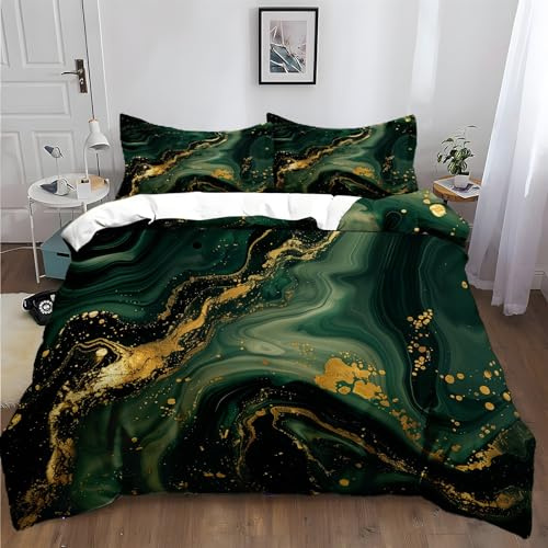 XCQHZYQ Bettwäsche 3teilig 155x220 cm Marmor Gold Dunkelgrün Weich Bettwäsche-Sets Bettbezug 3tlg Kissenbezug 80x80 aus Polyester Baumwolle mit Reißverschluss