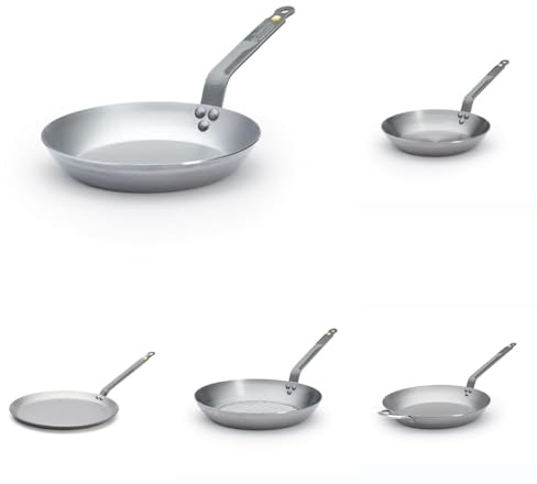 DE BUYER - Lot de 5 Poêle en tôle d'acier Mineral B - 24, 26 et 36 cm, 26cm Poêle à crêpes, 32cm Poêle grill- Fabriquées en France, Sans PFAS, Inox 18/10, Tous Feux + Four, Finition Poli Brillant