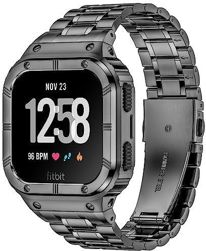 Deczone Edelstahl-Uhrenarmband mit Fall kompatibel für Fitbit Versa 4 3 2 1 Lite, Fitbit Sense 2/Sense Bands, robuste schützende Stoßstange Metall-Armbänder für Männer Frauen (Grau)